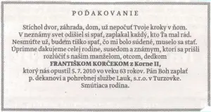 Poďakovanie 327 - pohrebné služby LAuK