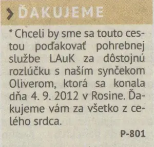 Poďakovanie 307 - pohrebné služby LAuK