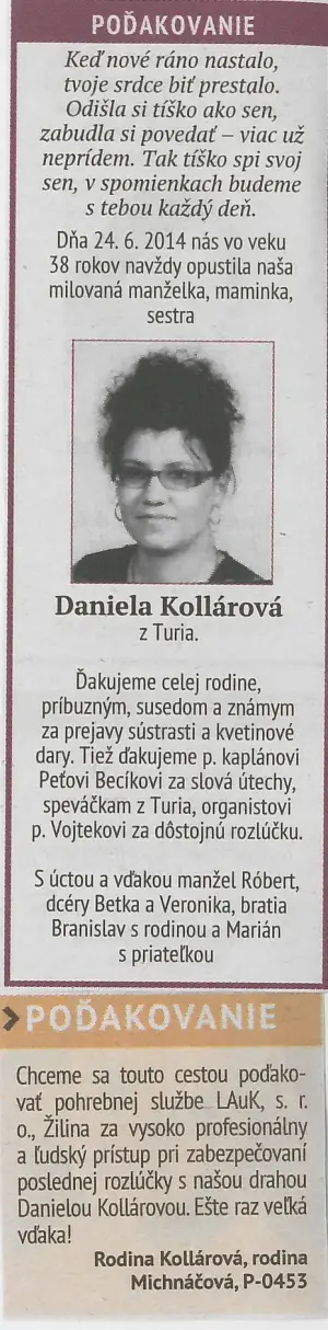 Poďakovanie 301 - pohrebné služby LAuK