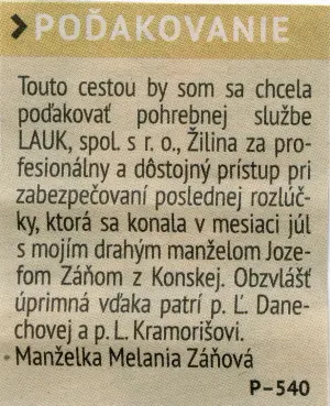 Poďakovanie 299 - pohrebné služby LAuK