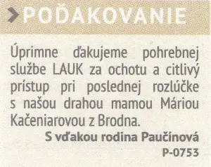 Poďakovanie 298 - pohrebné služby LAuK