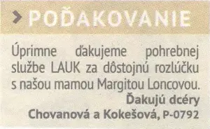 Poďakovanie 297 - pohrebné služby LAuK
