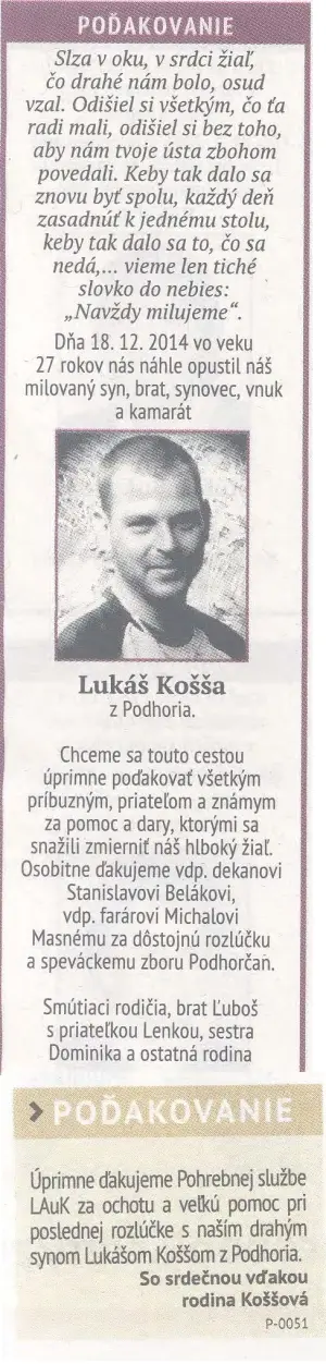 Poďakovanie 295 - pohrebné služby LAuK