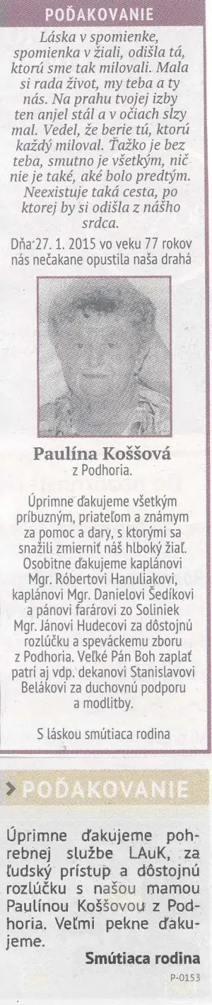 Poďakovanie 293 - pohrebné služby LAuK