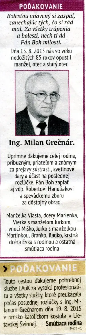 Poďakovanie 291 - pohrebné služby LAuK