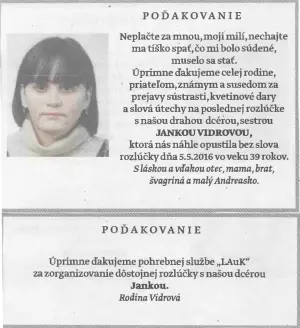 Poďakovanie 285 - pohrebné služby LAuK