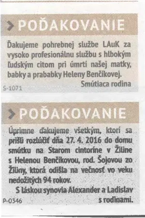 Poďakovanie 284 - pohrebné služby LAuK