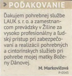 Poďakovanie 279 - pohrebné služby LAuK