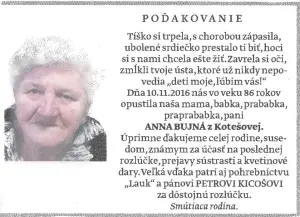 Poďakovanie 275 - pohrebné služby LAuK