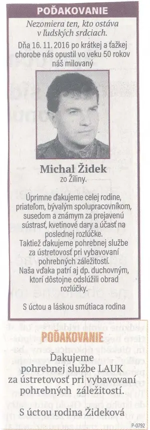 Poďakovanie 274 - pohrebné služby LAuK