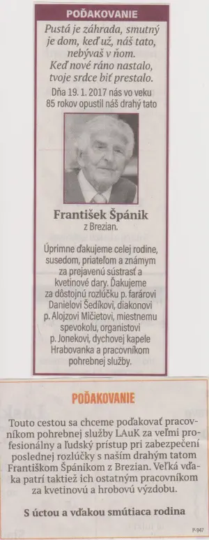 Poďakovanie 270 - pohrebné služby LAuK