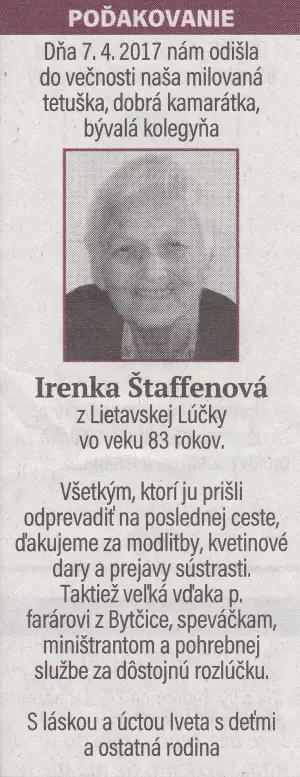 Poďakovanie 267 - pohrebné služby LAuK