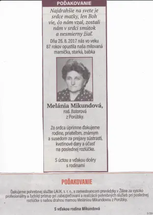 Poďakovanie 262 - pohrebné služby LAuK