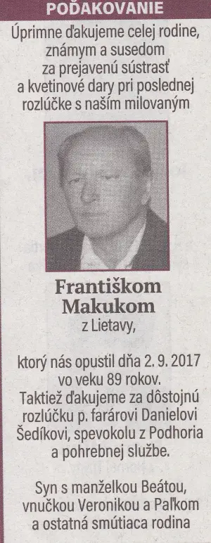 Poďakovanie 260 - pohrebné služby LAuK
