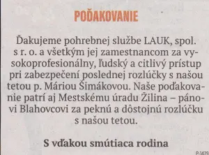 Poďakovanie 252 - pohrebné služby LAuK