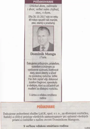 Poďakovanie 251 - pohrebné služby LAuK