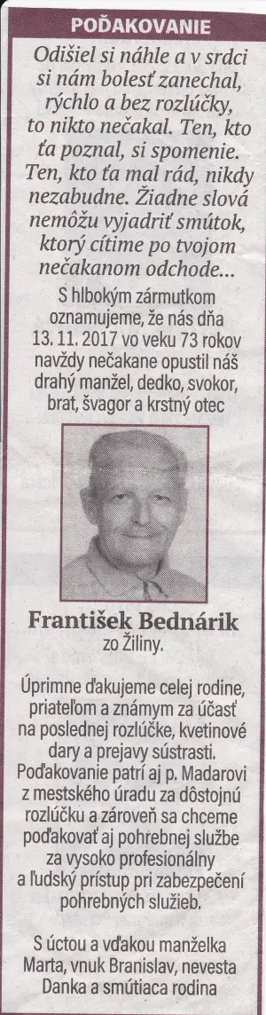 Poďakovanie 249 - pohrebné služby LAuK