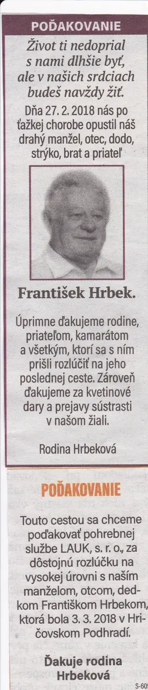 Poďakovanie 242 - pohrebné služby LAuK