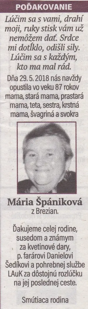 Poďakovanie 237 - pohrebné služby LAuK