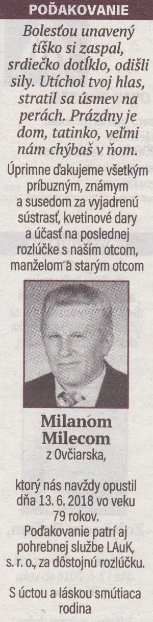 Poďakovanie 235 - pohrebné služby LAuK