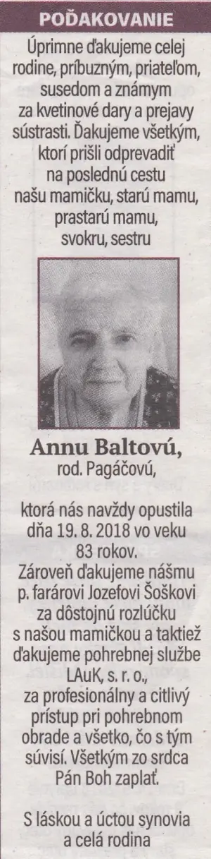 Poďakovanie 230 - pohrebné služby LAuK
