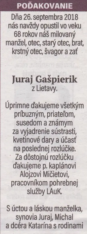 Poďakovanie 229 - pohrebné služby LAuK