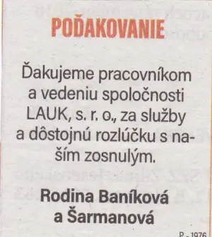 Poďakovanie 228 - pohrebné služby LAuK