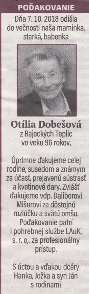 Poďakovanie 226 - pohrebné služby LAuK