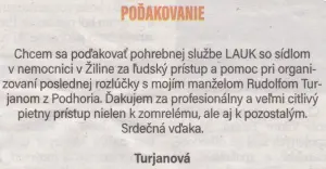 Poďakovanie 225 - pohrebné služby LAuK