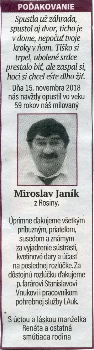 Poďakovanie 223 - pohrebné služby LAuK
