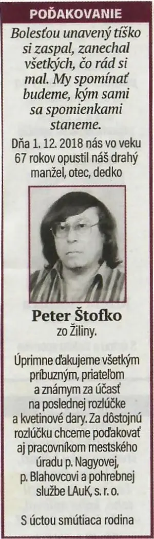 Poďakovanie 219 - pohrebné služby LAuK