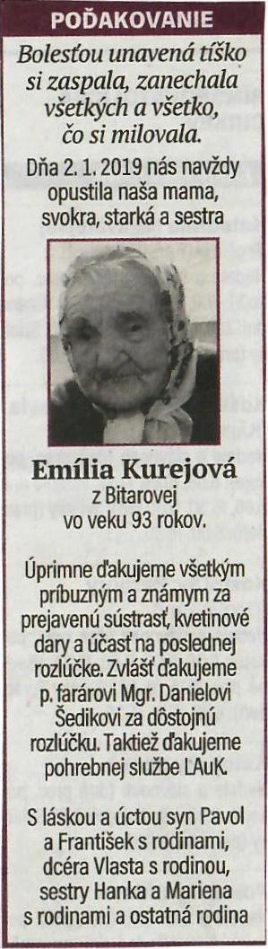 Poďakovanie 218 - pohrebné služby LAuK