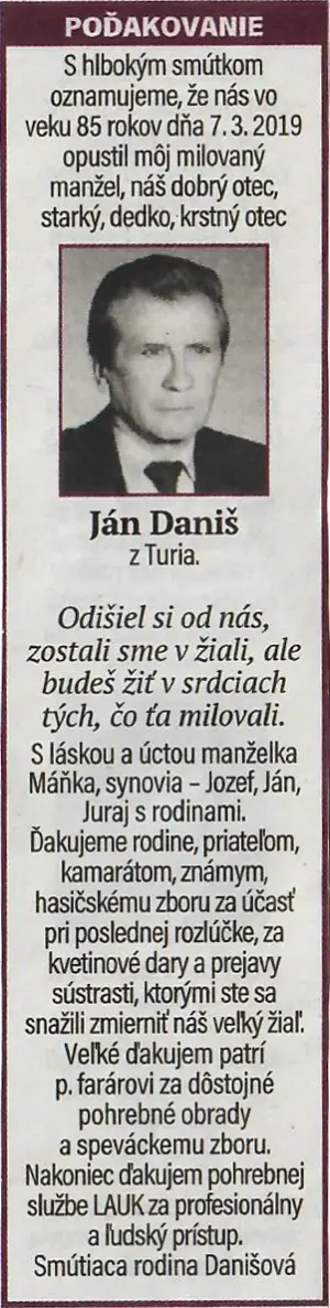 Poďakovanie 216 - pohrebné služby LAuK