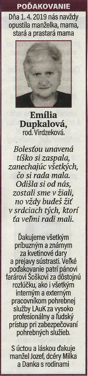 Poďakovanie 215 - pohrebné služby LAuK