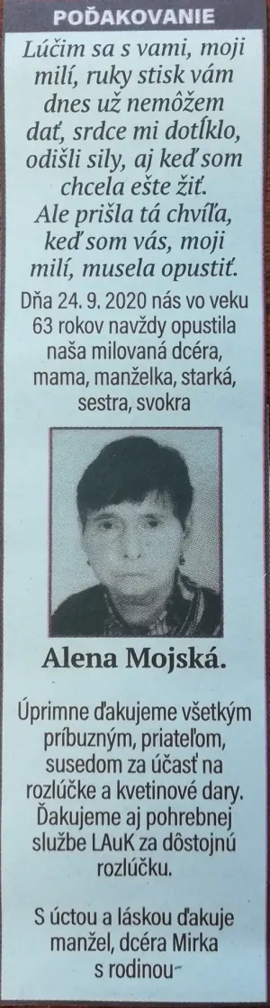 Poďakovanie 175 - pohrebné služby LAuK
