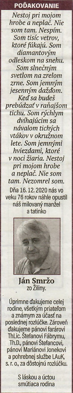 Poďakovanie 166 - pohrebné služby LAuK