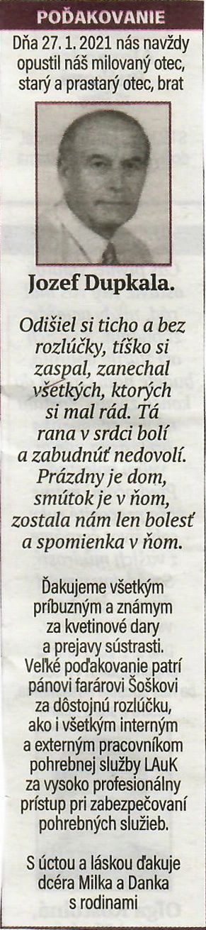 Poďakovanie 164 - pohrebné služby LAuK