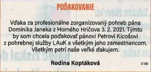 Poďakovanie 161 - pohrebné služby LAuK