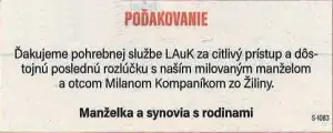 Poďakovanie 158 - pohrebné služby LAuK