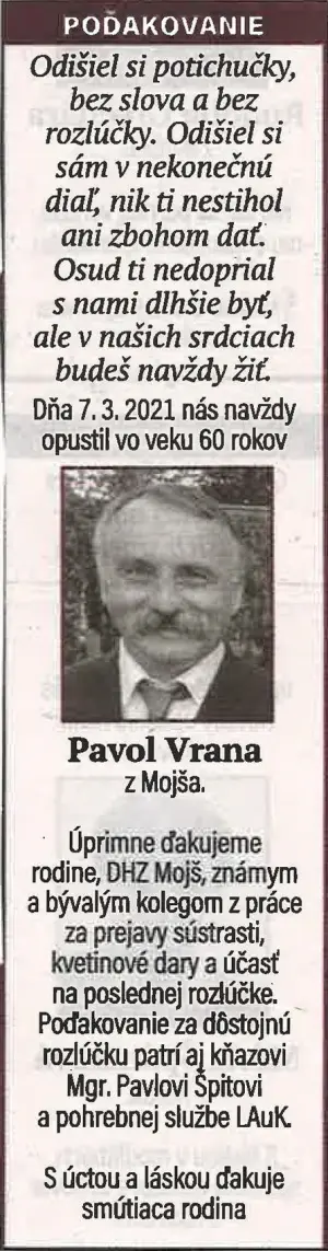 Poďakovanie 155 - pohrebné služby LAuK