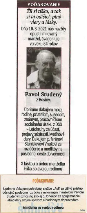 Poďakovanie 154 - pohrebné služby LAuK