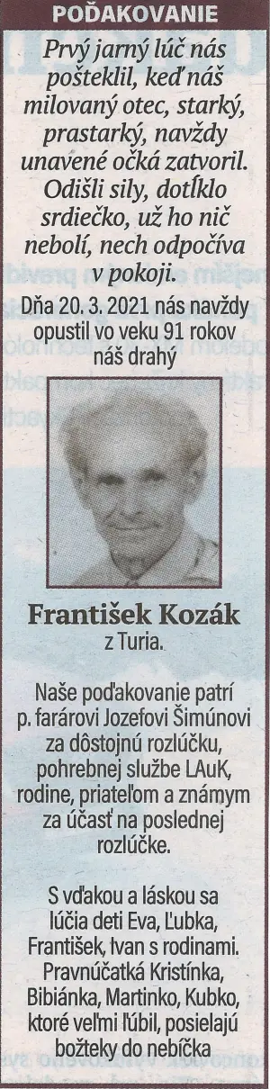 Poďakovanie 153 - pohrebné služby LAuK