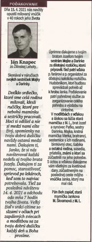 Poďakovanie 147 - pohrebné služby LAuK