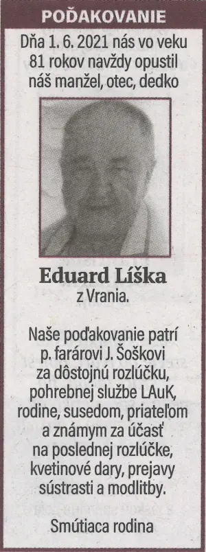 Poďakovanie 142 - pohrebné služby LAuK