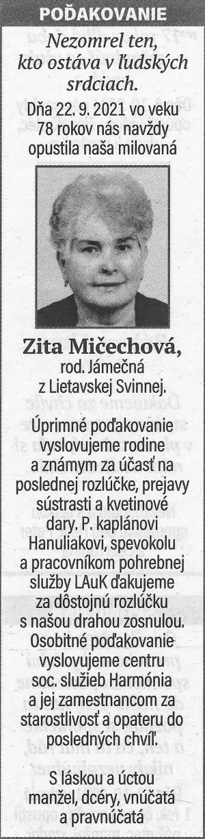 Poďakovanie 136 - pohrebné služby LAuK