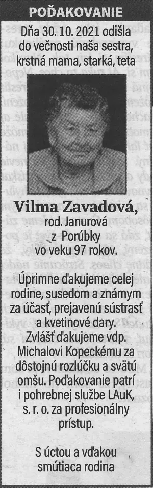 Poďakovanie 132 - pohrebné služby LAuK