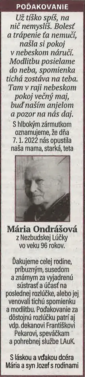 Poďakovanie 128 - pohrebné služby LAuK