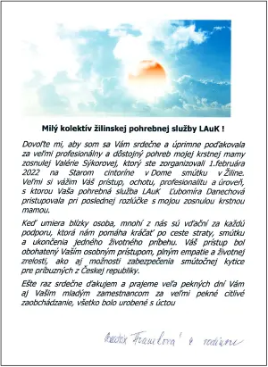 Poďakovanie 124 - pohrebné služby LAuK