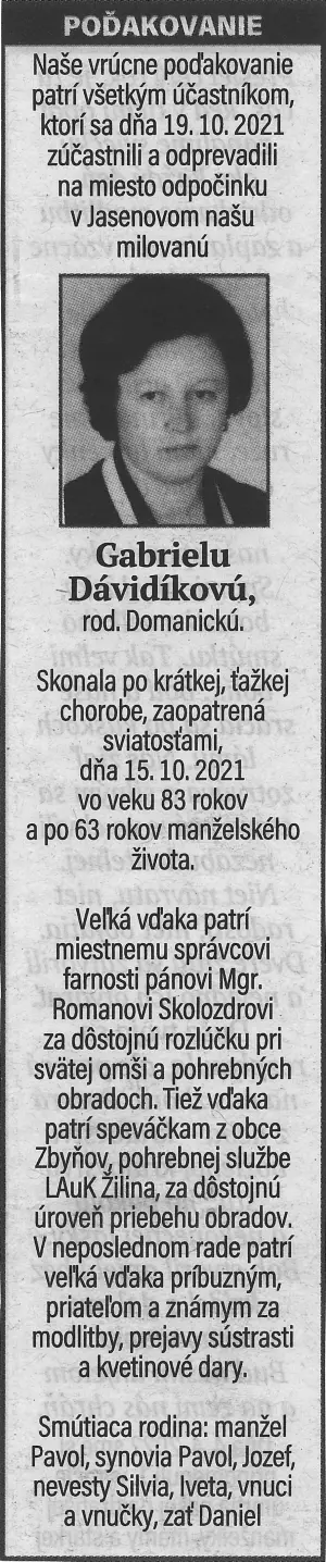 Poďakovanie 117 - pohrebné služby LAuK