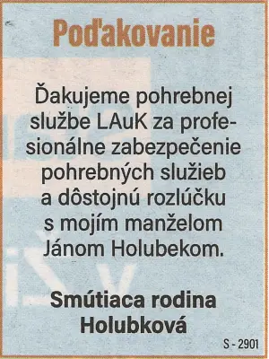 Poďakovanie 107 - pohrebné služby LAuK